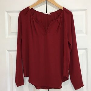 LUSH Deep Red Long Sleeve Pleated Top